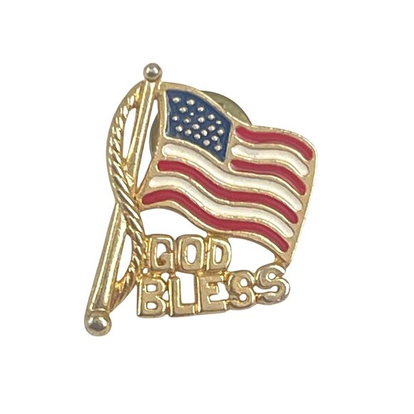 God Bless American Flag Gold Lapel Pin With Red White & Blue Enamel Patriotic Ac - Picture 1 of 7